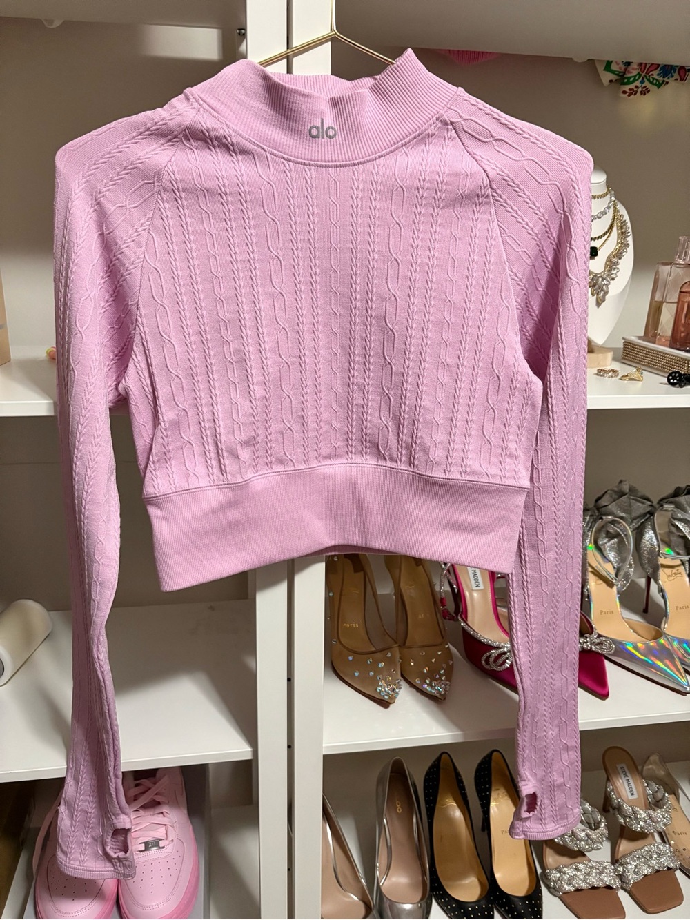 NWOT $148 ALO Yoga Pink Cable-Knit Cropped Sugarplum Pink Top Womens Size M